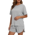 thumbnail image 1 of Mecto Women's Classic Striped Pajama Set Short Sleeve Round Neck Soft Stretchy Breathable Sleepwear with Side Slit Shorts Size M, 1 of 6