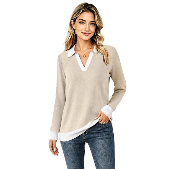 MecTo Women's Herringbone Knit Polo Sweater V Neck Long Sleeve Casual Fall Pullover