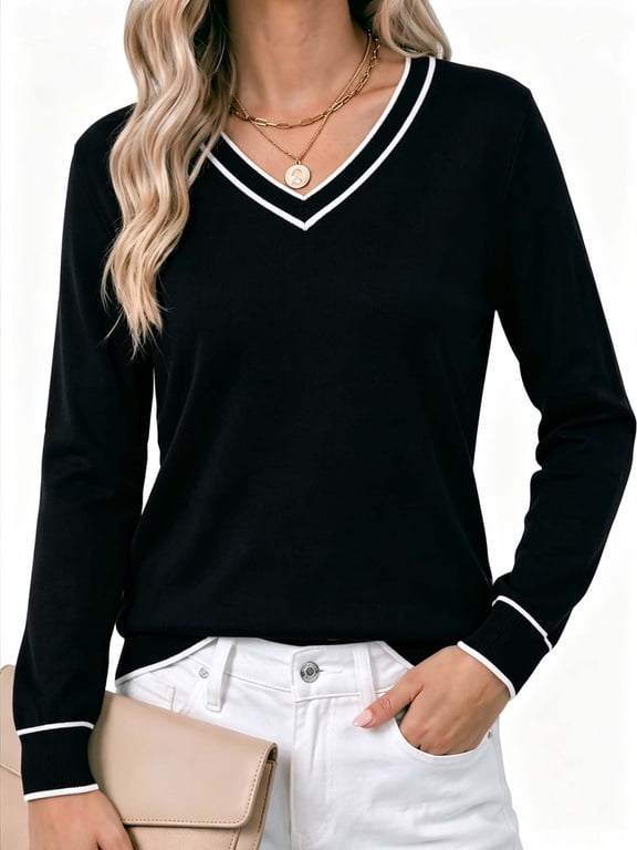 Sweaters for Women Long Sleeve Casual Solid V Neck Knit Fall Lightweight Sweaters (Women's)