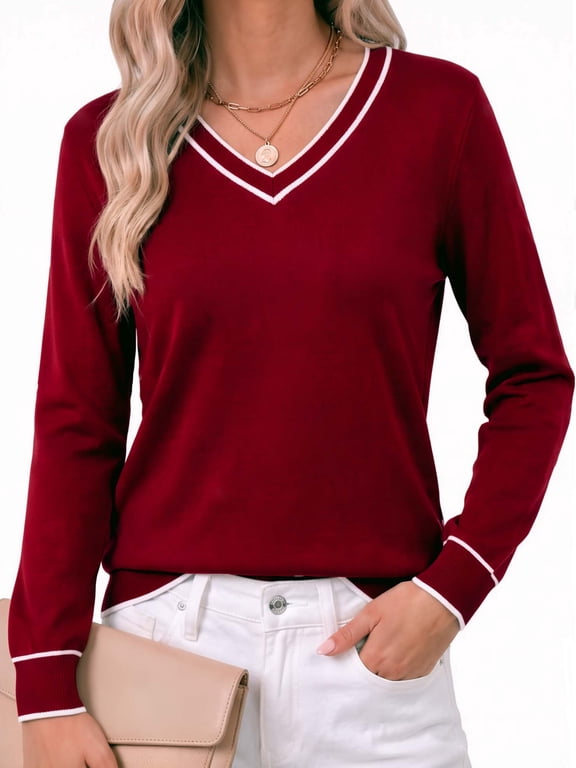 Sweaters for Women Long Sleeve Casual Solid V Neck Knit Fall Lightweight Sweaters (Women's)