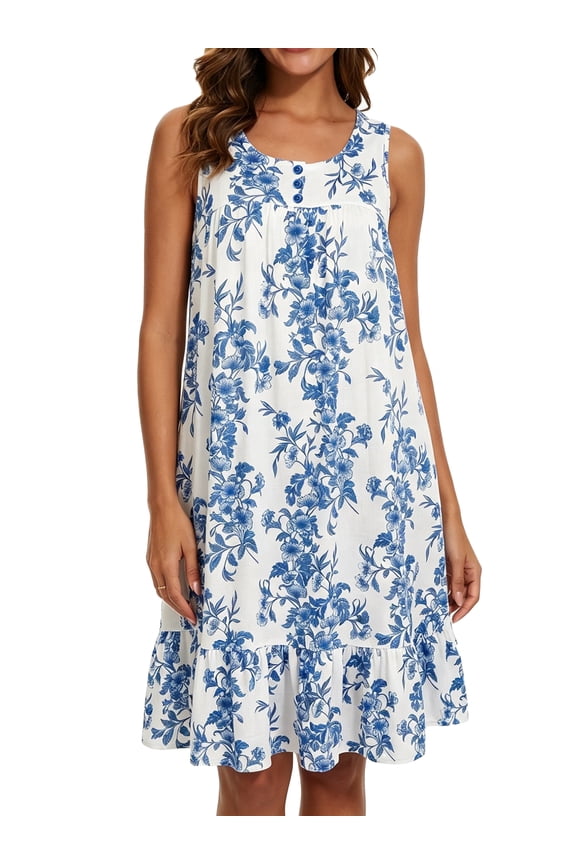 Women’s Cotton Nightgown, White & Blue Floral Print Sleeveless Ruffled Hem Loose Muumuu Sleep Dress,L
