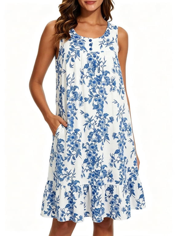 Sleepwear Sleeveless with Pockets Cotton, Nightgowns (Women's)