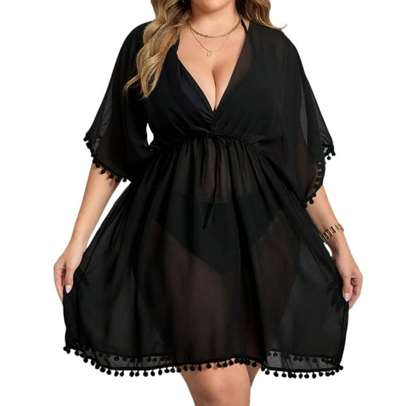 MecTo Swimsuit Cover up for Women Beach Chiffon Black Boho Lace V-Neck Dress Cover up Plus Size