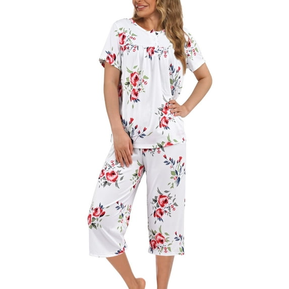MecTo Womens Pyjamas Set, Short Pyjamas For Women, Ladies Summer Pjs Short Sleeve Top And Capri Pants, Loungewear With Pockets S-XL