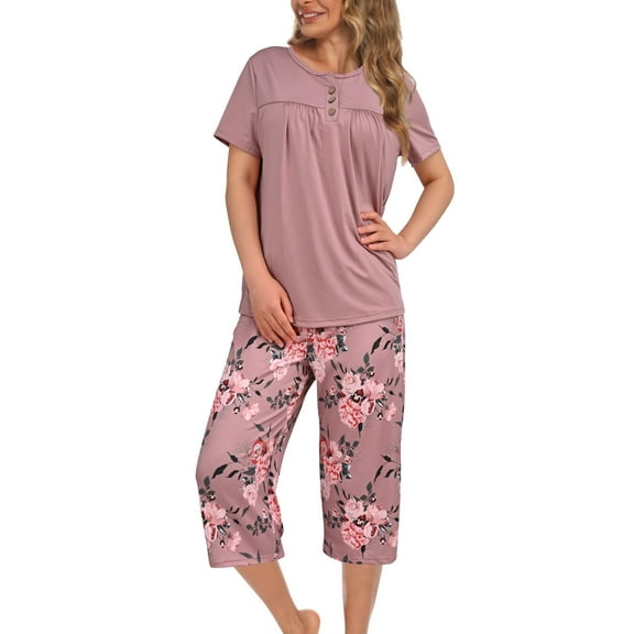 MecTo Womens Pyjamas Set, Short Pyjamas For Women, Ladies Summer Pjs Short Sleeve Top And Capri Pants, Loungewear With Pockets S-XL