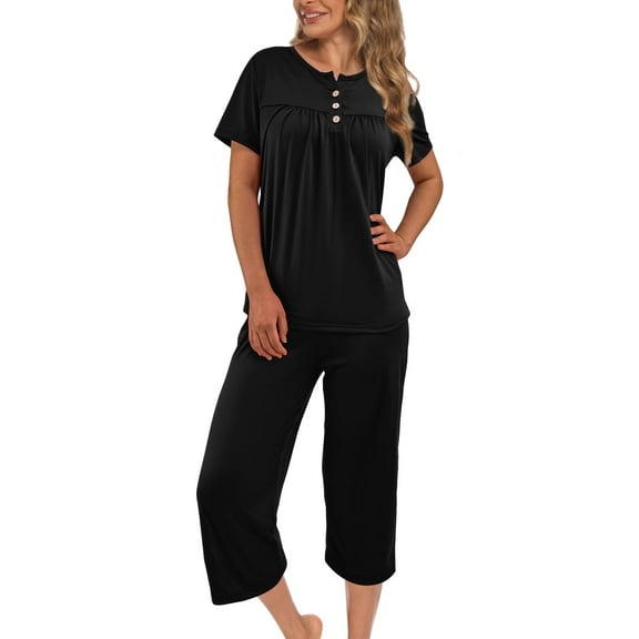 MecTo Womens Pyjamas Set, Short Pyjamas For Women, Ladies Summer Pjs Short Sleeve Top And Capri Pants, Loungewear With Pockets S-XL
