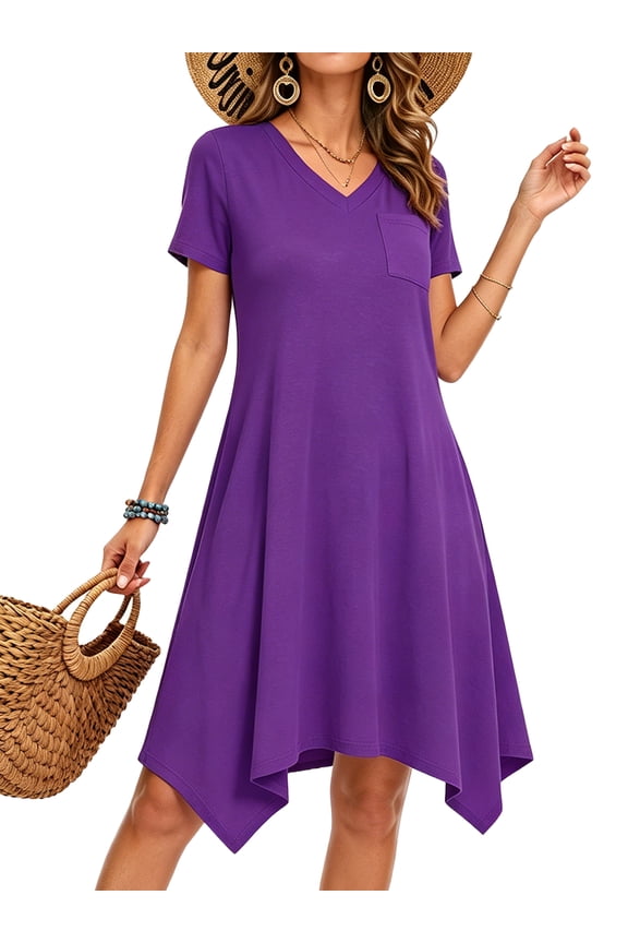 Summer Dresses for Women Soft V-neck Short Sleeve T shirts Asymmetrical Hem Casual Dress with Pockets