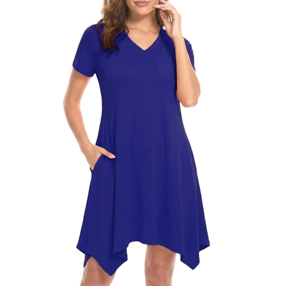 MecTo Women's Nightgown, Soft V-Neck Short Sleeve Nightgowns for Women with Pockets, Irregular Hem Casual Sleep Dress & Sleepshirt for Ladies