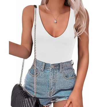 MecTo Women’s White Sleeveless Bodysuit Sexy Plunge Deep V Neck Backless Shapewear Tank Tops Thong Outfits