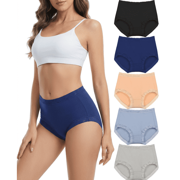 MecTo Womens Cotton Underwear 5 Pack Lace Trim High Waisted Panties Breathable Wicking Briefs