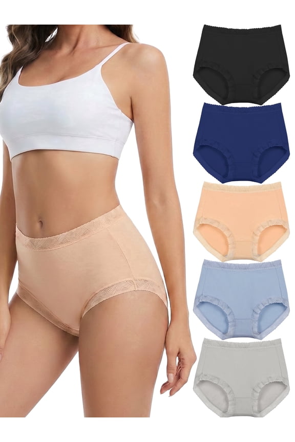 Womens Cotton Underwear 5 Pack Lace Trim High Waisted Panties Breathable Wicking Briefs