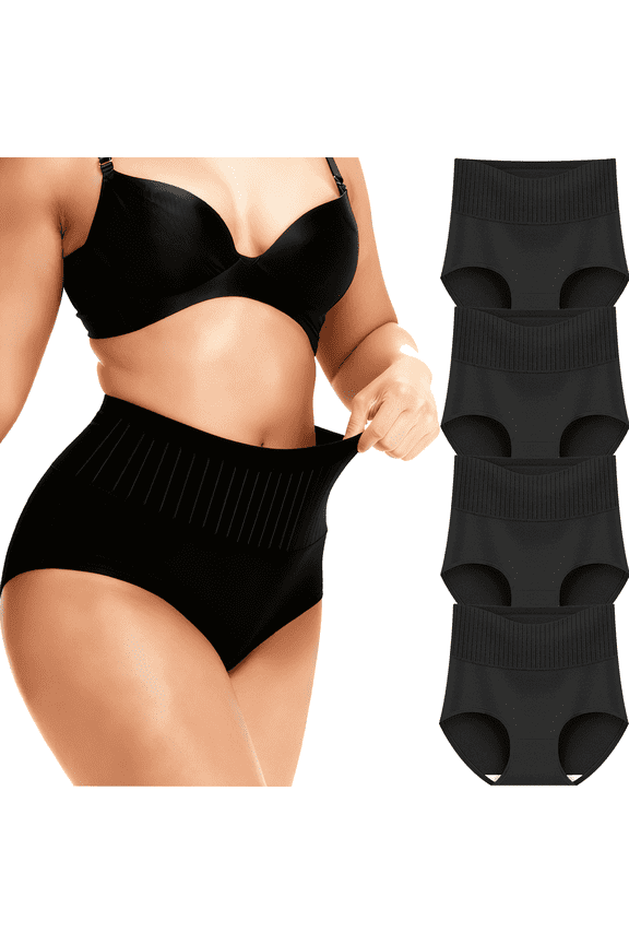 Womens Cotton Underwear High Waisted Tummy Control Breathable Panties Plus Size Ladies Panties 4 Pack, Black