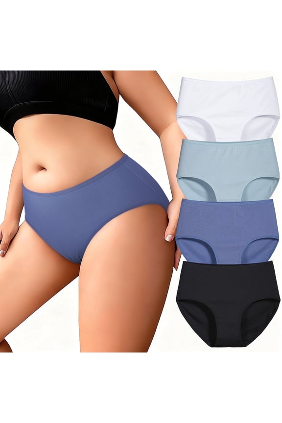 Womens Cotton Underwear Plus Size, Stretch Briefs High Waisted Full Coverage Breathable Panties 4 Pack