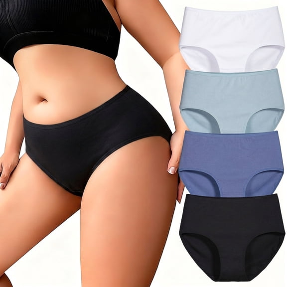 MecTo Womens Cotton Underwear Plus Size, Stretch Briefs High Waisted Full Coverage Breathable Panties 4 Pack