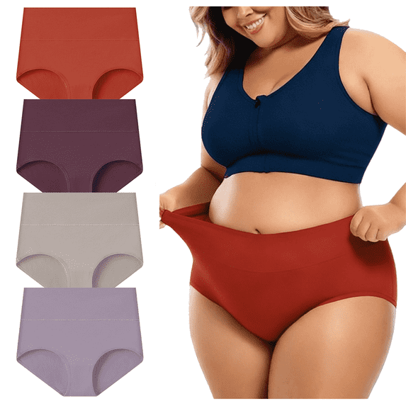 MecTo Womens Cotton Underwear Plus Size 4 Pack, Tummy Control Panties High Waisted panties Ladies Panties