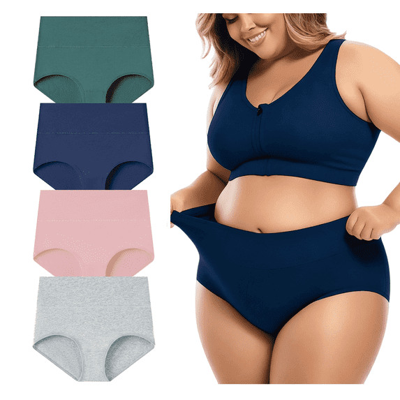 MecTo Womens High Waist Underwear Plus Size 4 Pack, Cotton Briefs Tummy Control Panties Full Coverage