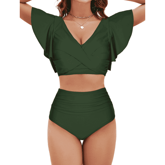 MecTo Bathing Suit for Women High Waist Tummy Control Swimsuit 2-Piece Ruffle Drawstring Bikini Sets