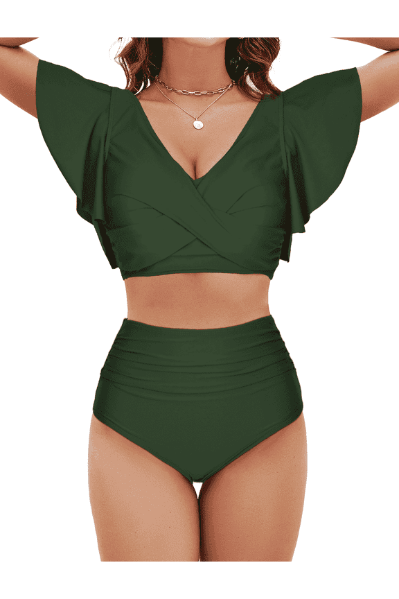 Bathing Suit for Women High Waist Tummy Control Swimsuit 2-Piece Ruffle Drawstring Bikini Sets