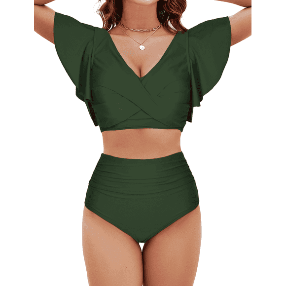 MecTo Swimsuit Women Two Piece High Waisted Tummy Control Bathing Suits Ruffle Bikini Sets Criss Cross Ruched Swimwear, Green S