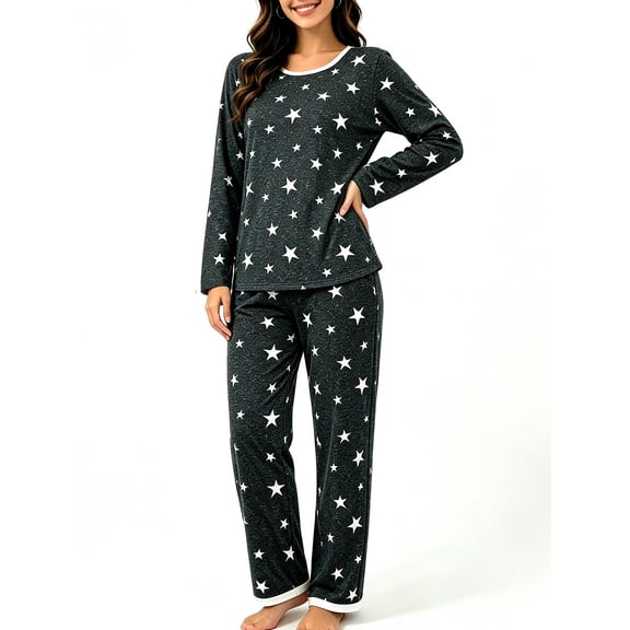 MecTo Women's Long Sleeve Star Print Pajama Set Crew Neck Contrast Trim Soft Sleepwear Loungewear Nightwear