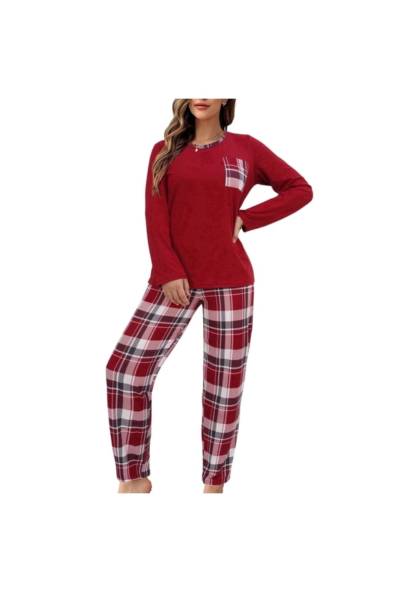 Women Pajamas Sets, Lady Paid Pants Long-Sleeved PJ, Red, 2 piece, Size M
