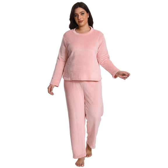 MecTo Plus Size Pajamas for Women Set Flannel Cotton Pj Set Solid Long Sleeve Top With Long Pants Sleepwear 2 Piece Lounge Set