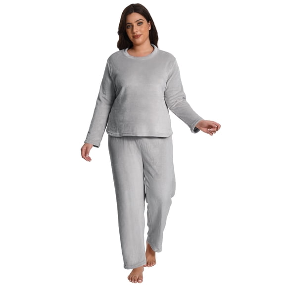 MecTo Plus Size Pajamas for Women Set Flannel Cotton Pj Set Solid Long Sleeve Top With Long Pants Sleepwear 2 Piece Lounge Set