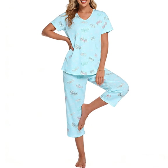 MecTo Womens Pajama Sets Cotton Pj Set Short Sleeve Top with Capri Pants Sleepwear 2 Piece Lounge Set