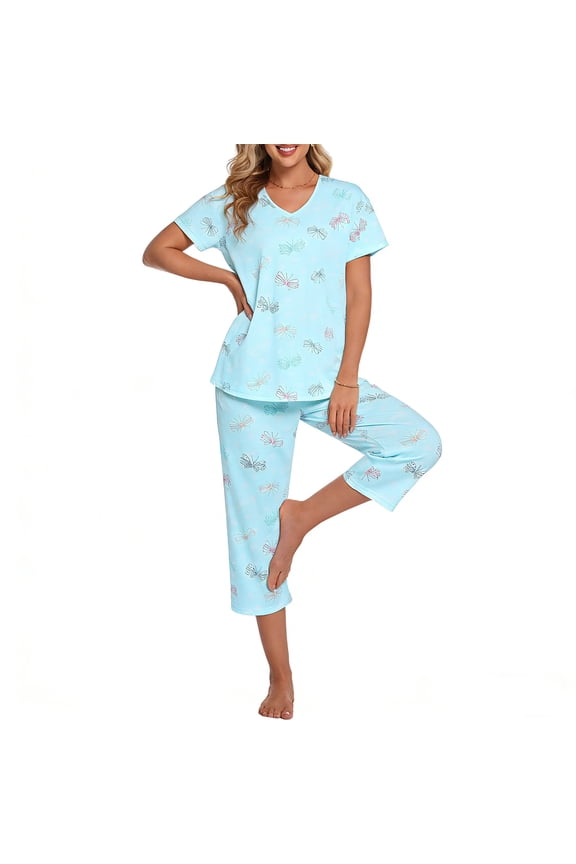 Womens Pajamas Sets Cotton Pj Set Short Sleeve Top with Capri Pants Sleepwear 2 Piece Lounge Set