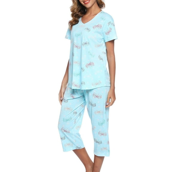 MecTo Womens Pajama Sets Cotton Pj Set Short Sleeve Top with Capri Pants Sleepwear 2 Piece Lounge Set