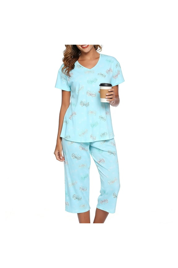 Women Cotton Pajamas Sets, Short-Sleeved Capri Pants PJ, Blue, 2 piece, Size M
