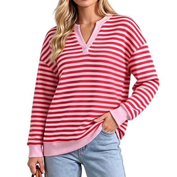 Fall Sweatshirts for Women Henley Neck Striped Long Sleeve Shirt Pullover Loose Ladies Womens Tops (Women's)