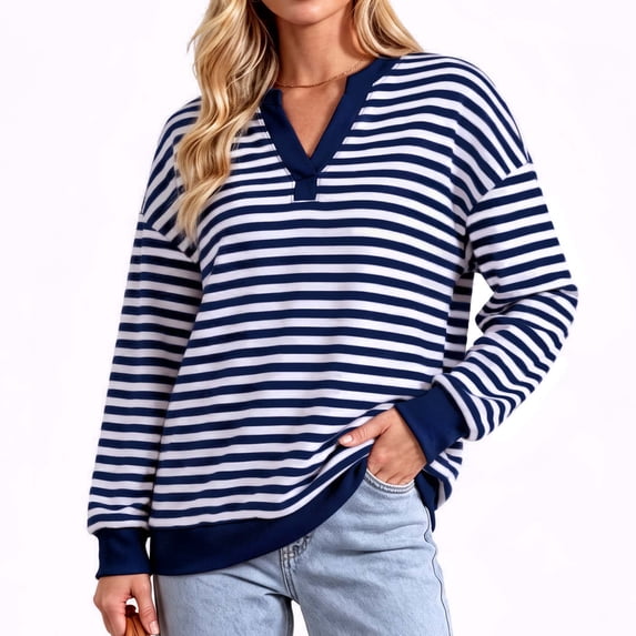 Fall Sweatshirts for Women Henley Neck Striped Long Sleeve Shirt Pullover Loose Ladies Womens Tops (Women's)