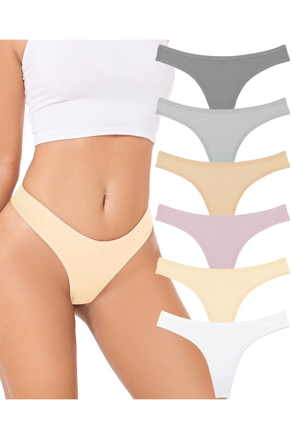 Womens Cotton Thongs 6-Pack, No Show Underwear for Women, Low Rise Thong Panties