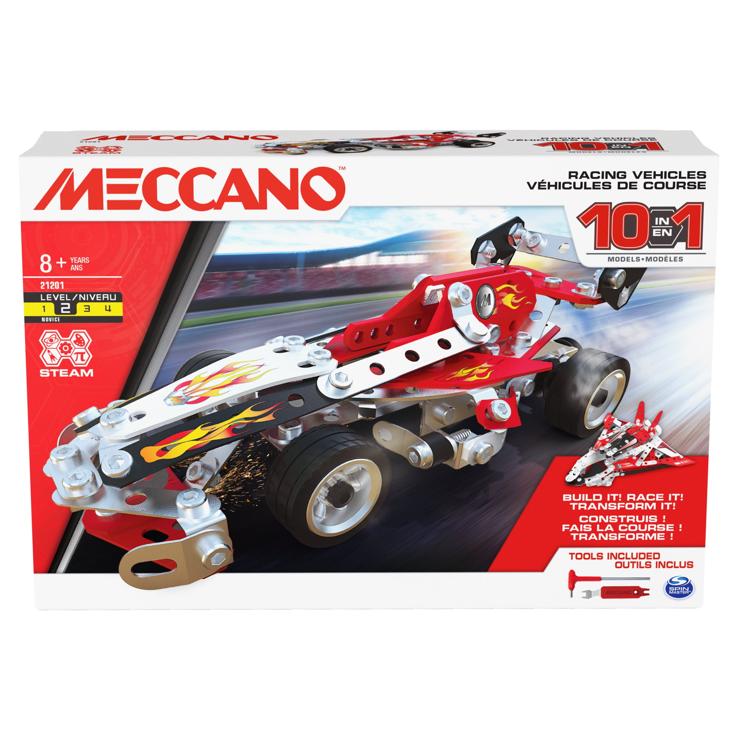 Meccano, 10-in-1 Racing Vehicles STEM Model Building Kit with 225 Parts and Real Tools, Kids Toys for Ages 8 and up