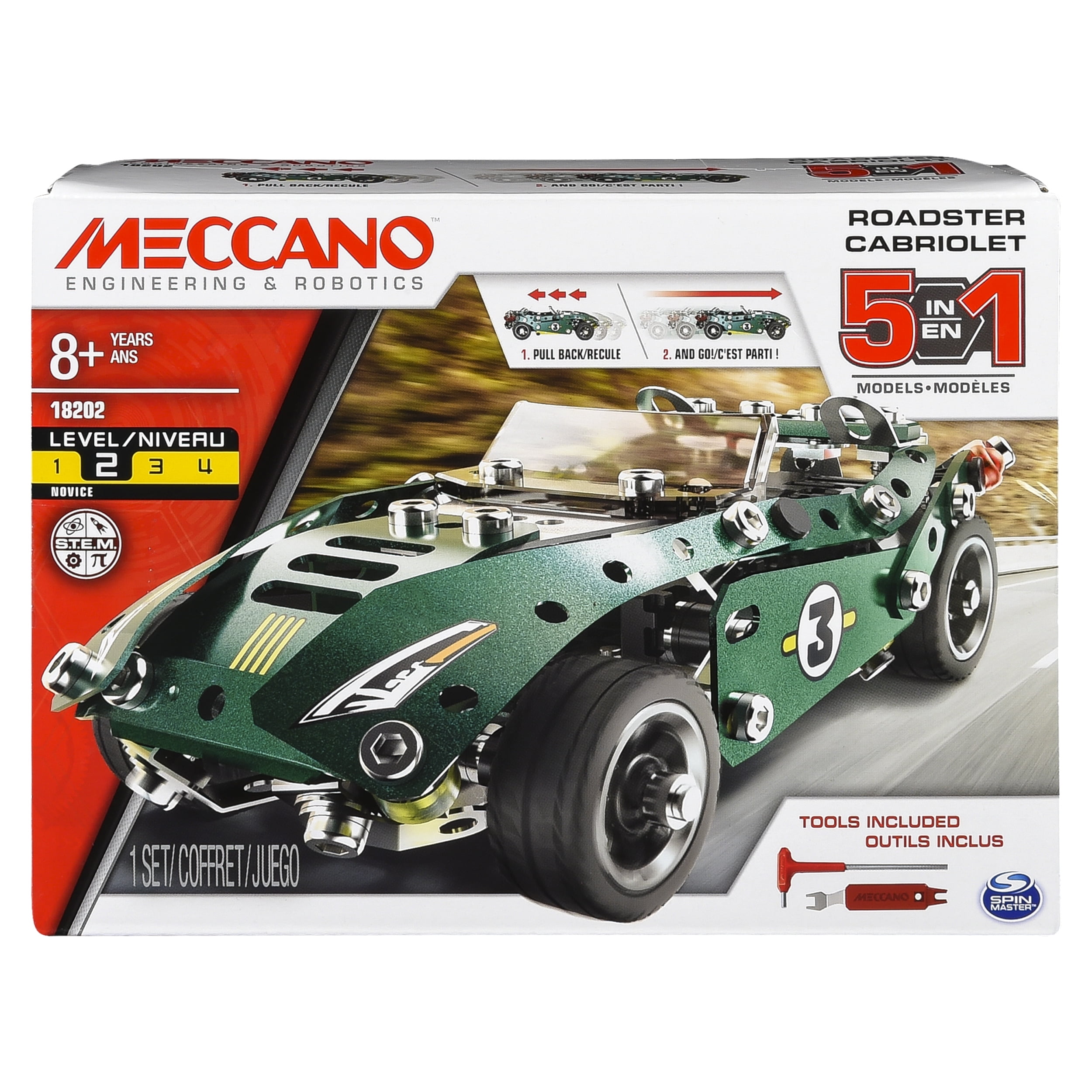 Erector by Meccano, 5 in 1 Roadster Pull Back Car Building Kit, for Ages 8 and up, STEM Construction Education Toy