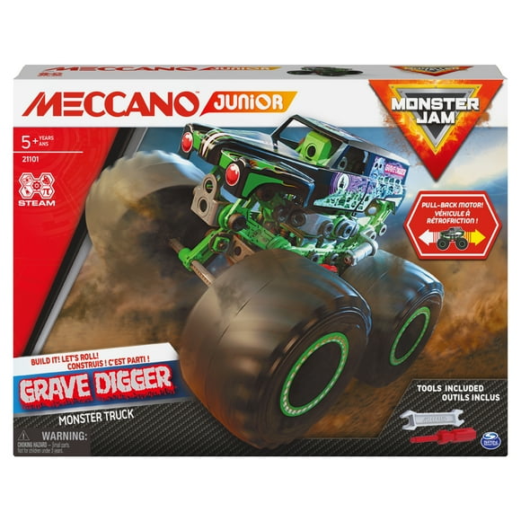 Meccano Junior, Official Monster Jam Grave Digger Monster Truck STEM Model Building Kit with Pull-back Motor, Kids Toys for Ages 5 and up