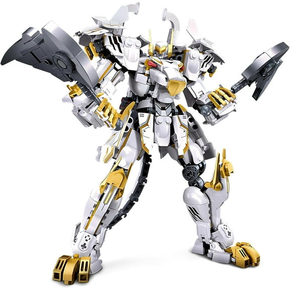 Mech Robot Building Blocks Set for Adults, Flexible Cool White Tiger Warrior Model Kit with Two-Handed Axes Weapon Toy Playset, 679 Pieces