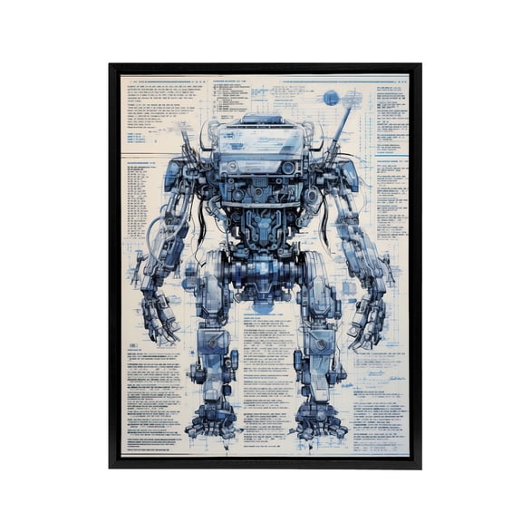 Mech War Military Robot Schematic Black Framed Canvas Wall Art Print 18X24"