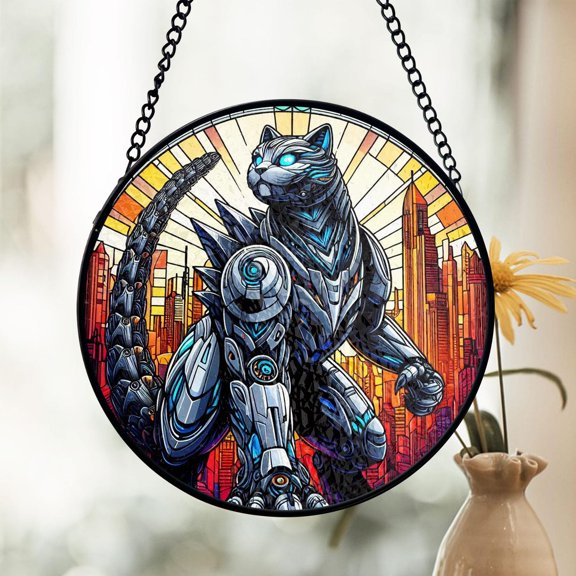 Mecha Cat Stained Glass Suncatcher, Futuristic Cyber Design, Window Display Art, Sci-Fi Robot Theme, Cat Lovers, Unique Geek Gift