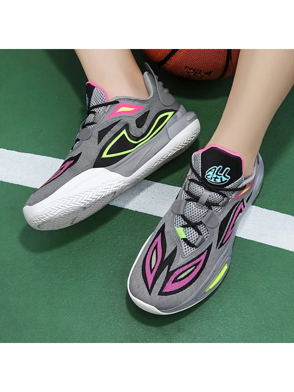 Mecha Gray-Blue-Pink Color-Blocking Basketball Shoes, Mesh Breathable Actual Combat Trendy Cool Boots