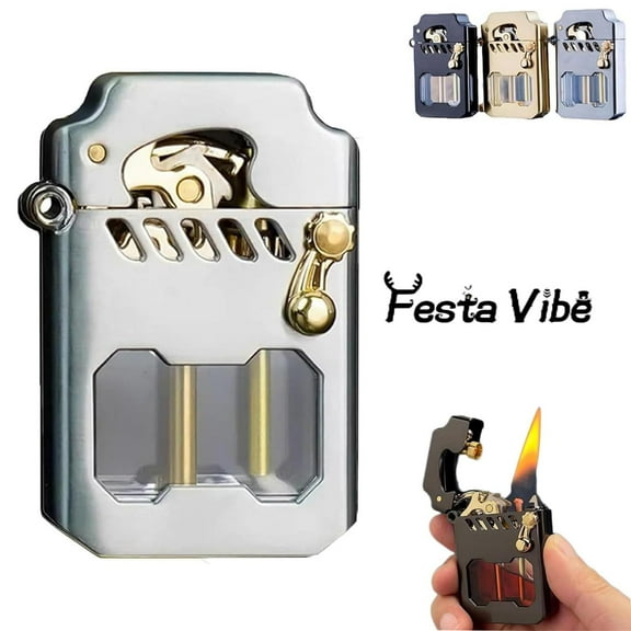 Mecha Metal Rocker Lighter Case Retro Transparent Oil Tank, Windproof Kerosene Metal Lighter Case