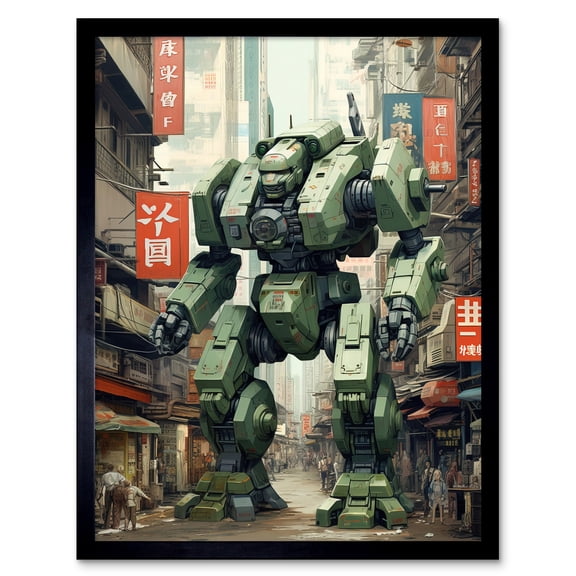 Mecha Robot in City Street Anime Sci-Fi Artwork Red Green Giant Humanoid Machine Fantasy Science Fiction Art Print Framed Poster Wall Decor 12x16 inch