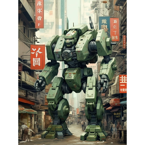 Mecha Robot in City Street Anime Sci-Fi Artwork Red Green Giant Humanoid Machine Fantasy Science Fiction Unframed Wall Art Print Poster Home Decor Premium