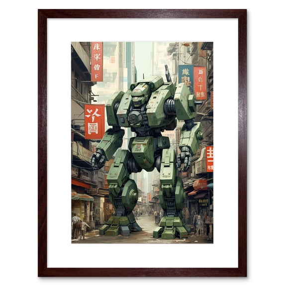 Mecha Robot in City Street Anime Sci-Fi Artwork Red Green Giant Humanoid Machine Fantasy Science Fiction Artwork Framed Wall Art Print 9X7 Inch