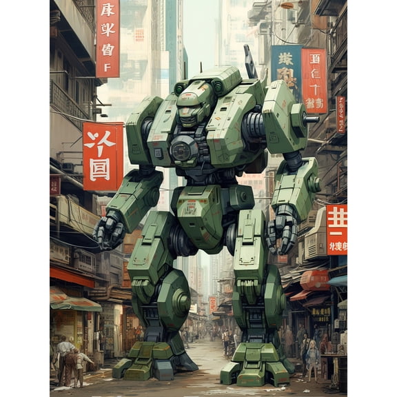 Mecha Robot in City Street Anime Sci-Fi Artwork Red Green Giant Humanoid Machine Fantasy Science Fiction Extra Large XL Wall Art Poster Print
