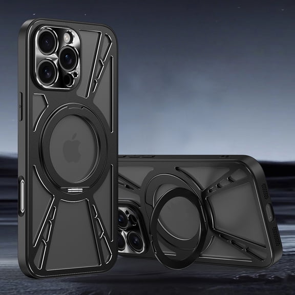 Mecha Style Magnetic Case For iPhone 16 Pro Max with Foldable Kickstand, Compatible with MagSafe, Slim Hollow-Out Metal Cover, Shockproof Rugged Bumper Case For iPhone 16 Pro Max,Black