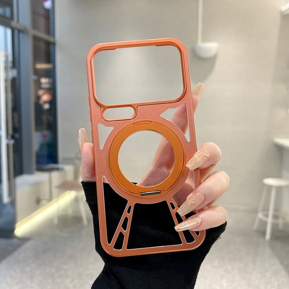 Mecha Style Magnetic Case For iPhone Air with Foldable Kickstand, Compatible with MagSafe, Slim Hollow-Out Metal Cover, Shockproof Rugged Bumper Case For iPhone Air,Orange