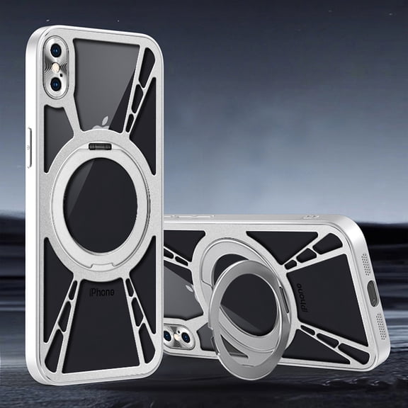 Mecha Style Magnetic Case For iPhone XS/X with Foldable Kickstand, Compatible with MagSafe, Slim Hollow-Out Metal Cover, Shockproof Rugged Bumper Case For iPhone XS/X,Silver