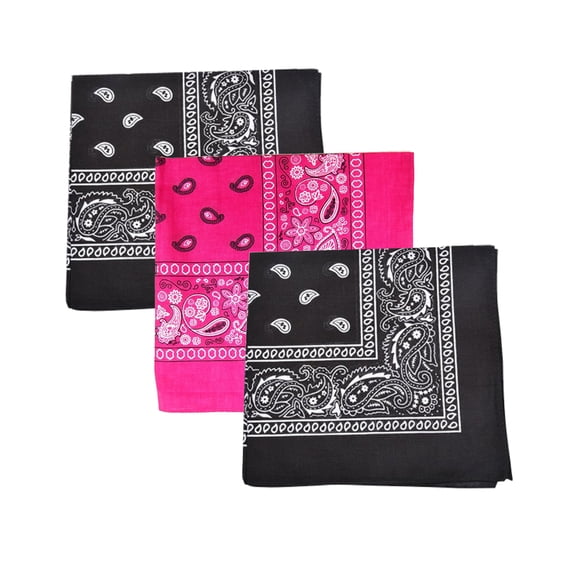 Mechaly Paisley 100% Cotton Bandanas - 3 Pack (2 Black and 1 Hot Pink)